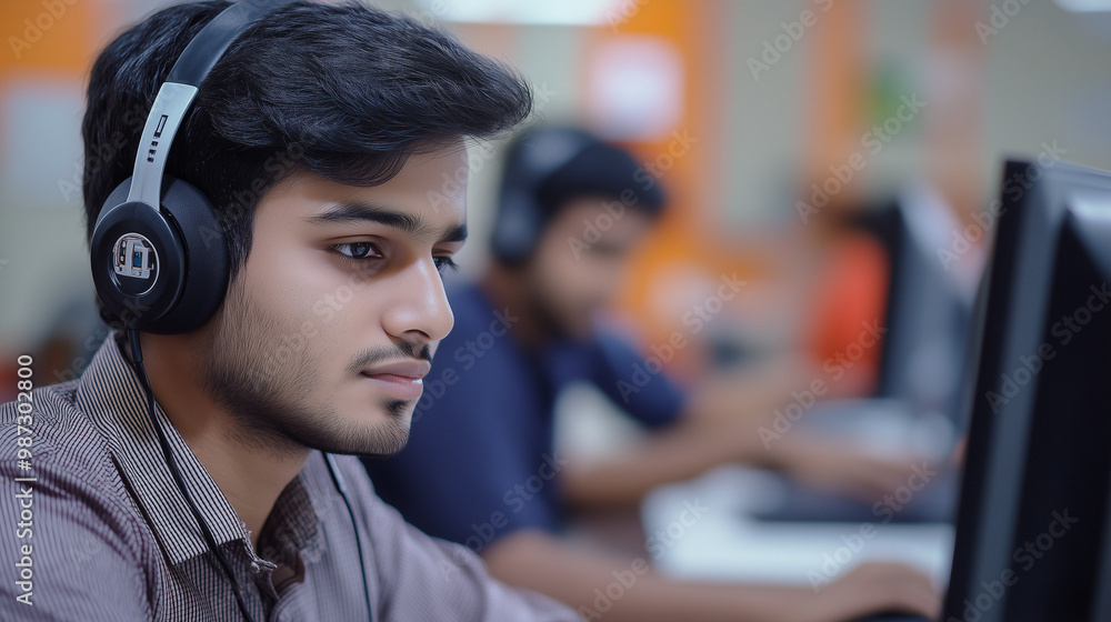 Man with Headphones Focused on Work Man with Headphones Focused on Work