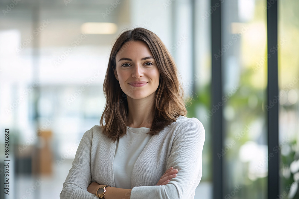 Businesswoman with arms crossed standing in a bright office Businesswoman with arms crossed standing in a bright office