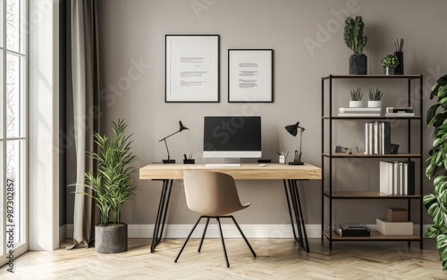 A home office setup with minimalist design principles, including a simple layout, uncluttered surfaces, and a calm, neutral color scheme.