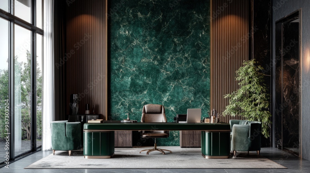 Modern office with green marble wall, wooden desk, and leather chair. Modern office with green marble wall, wooden desk, and leather chair.