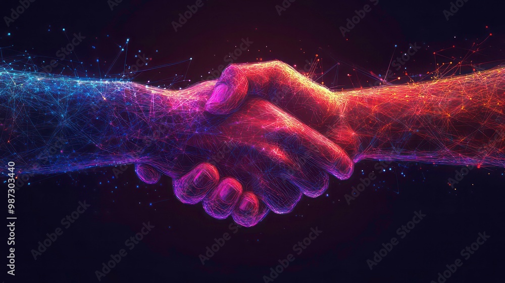 Two hands in a handshake, made up of glowing lines and dots, on a dark background. Two hands in a handshake, made up of glowing lines and dots, on a dark background.