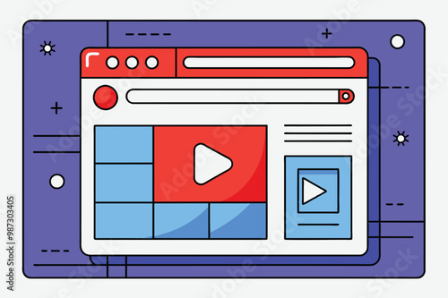 Illustration of a video streaming platform interface with colorful icons and play buttons.