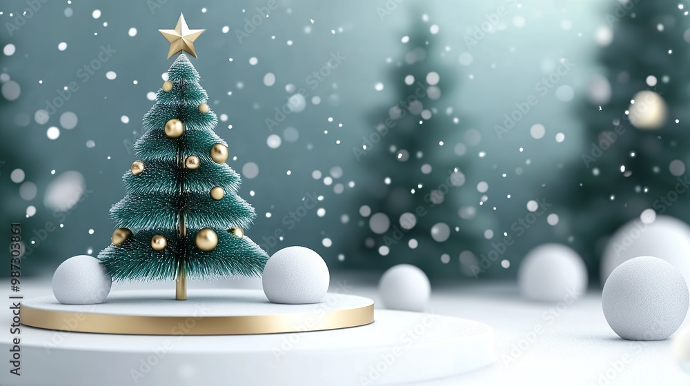Trendy and modern 3D Christmas with a green, white, and gold centerpiece Christmas tree, snow, caroling, and a simple background ratio 16:9 Trendy and modern 3D Christmas with a green, white, and gold centerpiece Christmas tree, snow, caroling, and a simple background ratio 16:9