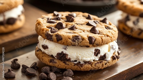 Enjoy a delicious homemade ice cream sandwich with soft chocolate chip cookies and your favorite ice cream.