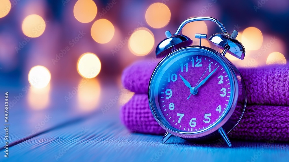 purple alarm clock and towels on he able with bokeh lights in the background. purple alarm clock and towels on he able with bokeh lights in the background.