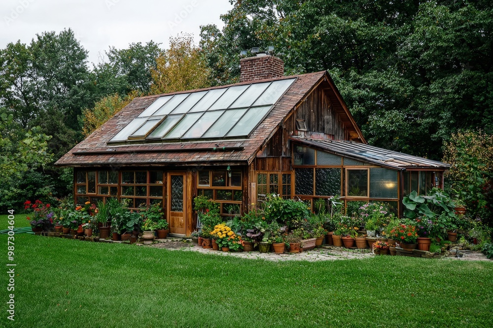A house with a greenhouse attached, where the residents grow their own food year-round without relying on external supplies. A house with a greenhouse attached, where the residents grow their own food year-round without relying on external supplies.