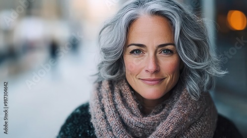 Image of a mature woman with gray curls, wearing a cozy scarf, expressing calm wisdom and grace, set against a serene, soft-focus urban background outdoors.