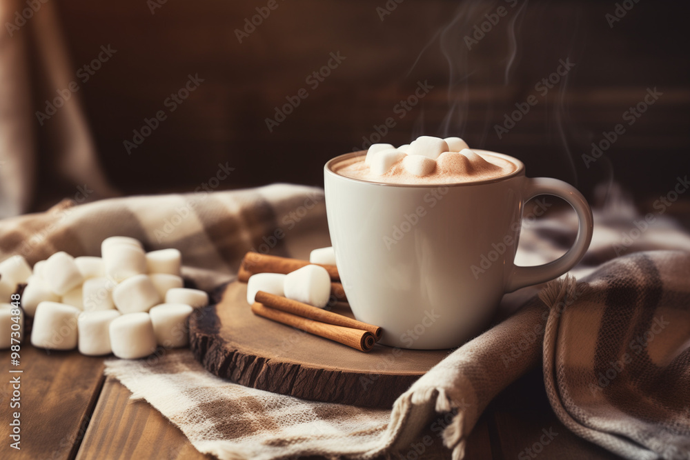Cozy cup of hot chocolate with marshmallows and cinnamon sticks on a wooden background Cozy cup of hot chocolate with marshmallows and cinnamon sticks on a wooden background