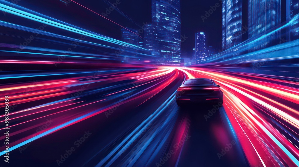 Black car driving through a city at night with glowing trails of light. Black car driving through a city at night with glowing trails of light.