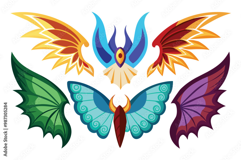 A vibrant collection of various pairs of wings, showcasing a spectrum of colors and intricate designs. A vibrant collection of various pairs of wings, showcasing a spectrum of colors and intricate designs.