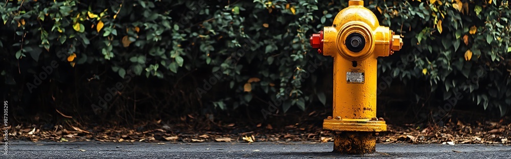 A yellow fire hydrant stands in front of a lush green bush with fallen leaves. A yellow fire hydrant stands in front of a lush green bush with fallen leaves.