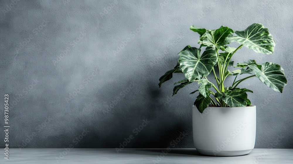 An elegant plant with stunning green leaves is beautifully placed in a white pot, complemented by a subtle gray background, creating a serene and stylish scene. An elegant plant with stunning green leaves is beautifully placed in a white pot, complemented by a subtle gray background, creating a serene and stylish scene.