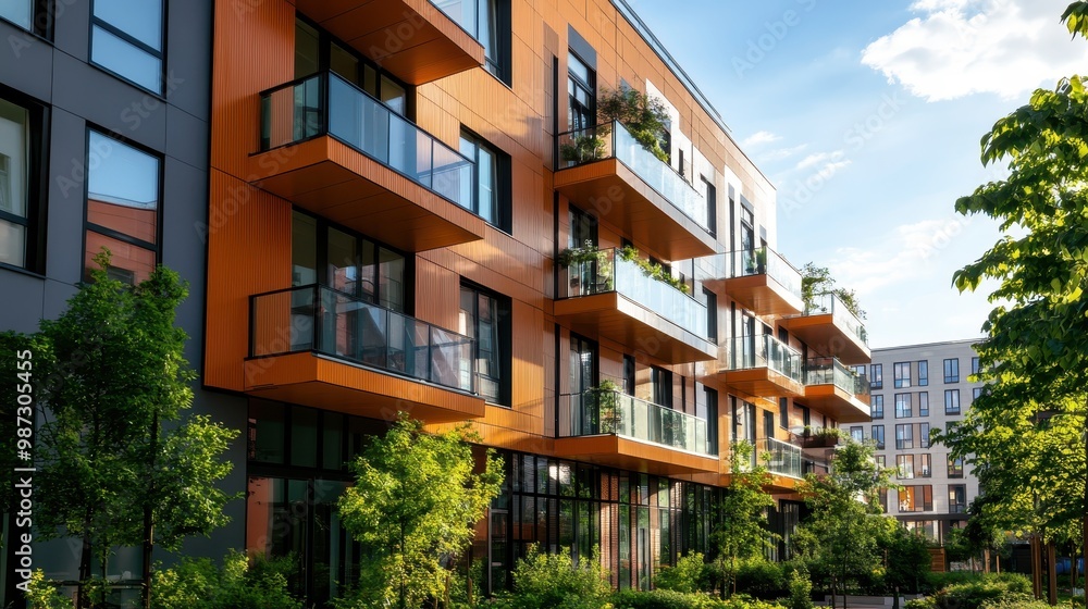 A contemporary apartment complex featuring sleek architectural design, expansive windows, and lush greenery, creating a harmonious blend of nature and modern living spaces. A contemporary apartment complex featuring sleek architectural design, expansive windows, and lush greenery, creating a harmonious blend of nature and modern living spaces.
