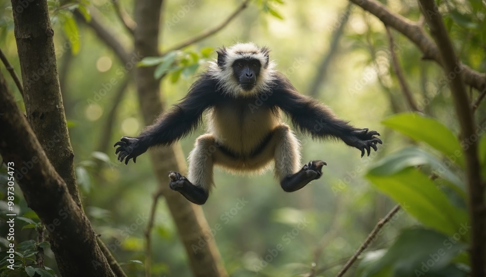 Naklejka premium Leaping monkey in lush green forest showcasing agility and natural wildlife behavior in its habitat