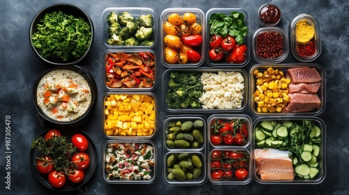 A healthy meal prep spread with neatly packed containers filled with balanced meals, ready for the week ahead photo