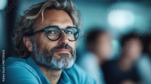 A man is deeply engrossed in his work in a modern office area, with other blurry individuals in the background, highlighting a professional and focused work environment. photo