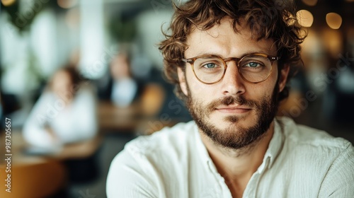 A young man with curly hair and spectacles looks confidently towards the camera, seated indoors against a soft focus backdrop conveying intelligence and openness.