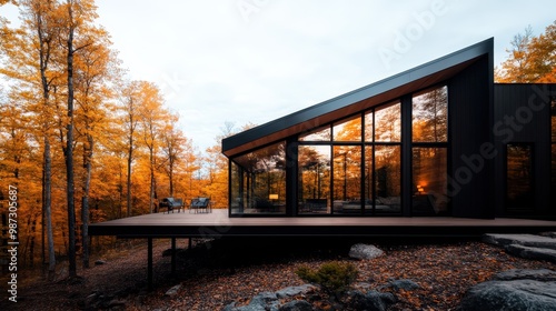 A minimalist glass-walled cabin set amidst autumn foliage offers a panoramic view of colorful leaves, blending modern architectural style with nature's beauty and serenity.