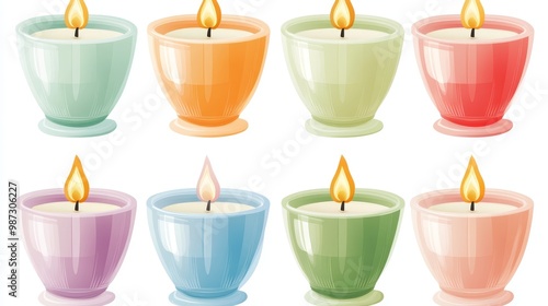 A set of colorful candles in holders. The candles are made of scented wax and have a cute, tapered shape. The illustration shows them burning and has a white background.