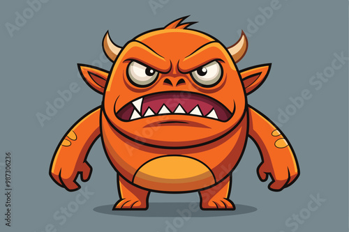 Cartoon monster with an angry expression, set against a gray background, showcasing its fierce demeanor.