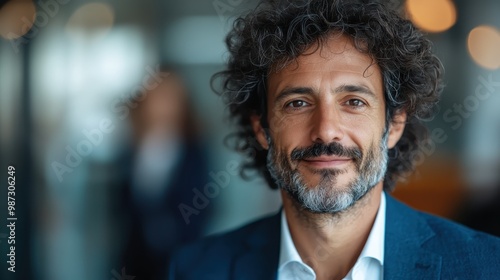 A confident man with curly gray hair and a beard exudes an approachable charm in a custom-tailored blue suit, symbolizing relaxed professionalism in an office setting. photo