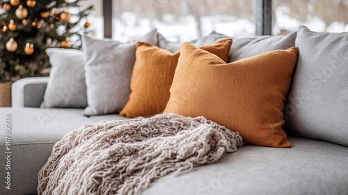 A chic gray sofa paired with orange pillows and a cozy blanket is set next to holiday decorations, ideal for enjoying the festive season in a stylish and inviting home interior.