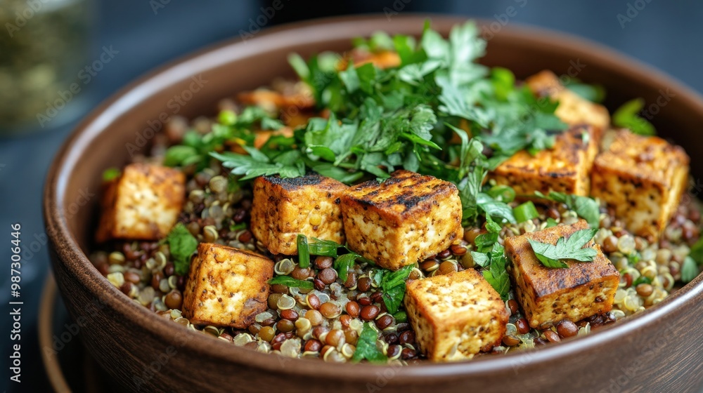 A high-protein, plant-based dish filled with lentils, quinoa, and tofu, offering a satisfying and protein-rich option for non-meat eaters A high-protein, plant-based dish filled with lentils, quinoa, and tofu, offering a satisfying and protein-rich option for non-meat eaters