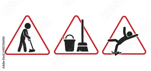 Isolated pictogram of stickman moping floor and man falling, template icon for safety sign cleaning in progress, janitor, slippery when wet, caution wet floor, fall hazard