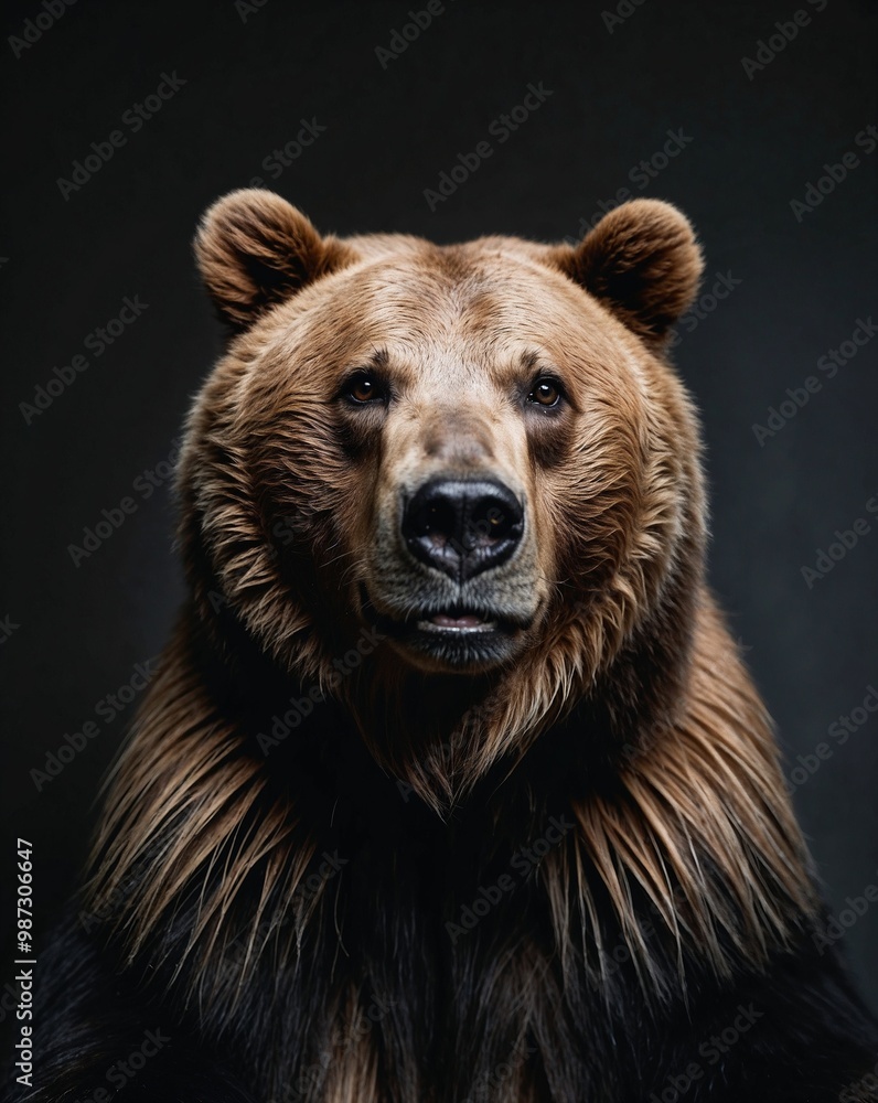 Obraz premium professional photo of brown bear sit still in a dark room black background front view