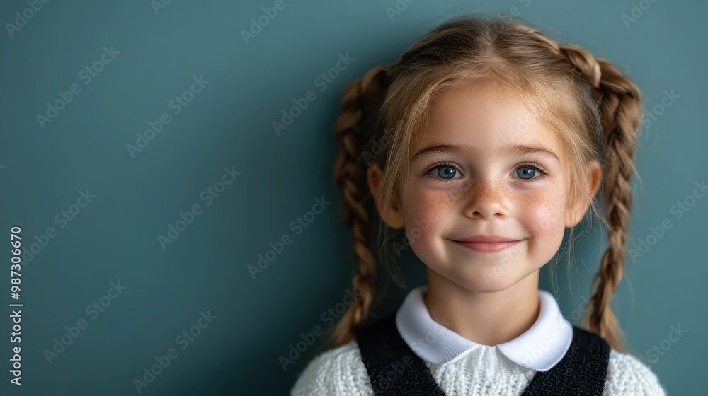 A young girl with braided ponytails and a white collar sweater smiles charmingly against a teal backdrop, evoking youthful innocence and joy in a serene setting. A young girl with braided ponytails and a white collar sweater smiles charmingly against a teal backdrop, evoking youthful innocence and joy in a serene setting.