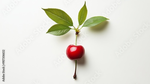 A single cherry with leaves, shown from above, against a plain white background.