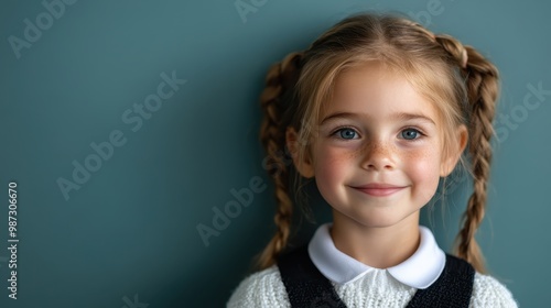 A young girl with braided ponytails and a white collar sweater smiles charmingly against a teal backdrop, evoking youthful innocence and joy in a serene setting. photo