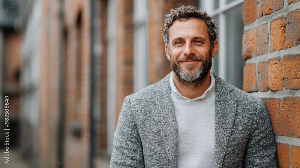 A bearded man smiles warmly while leaning against a brick wall outside, dressed in a cozy sweater and jacket, exuding confidence and approachable demeanor. A bearded man smiles warmly while leaning against a brick wall outside, dressed in a cozy sweater and jacket, exuding confidence and approachable demeanor.