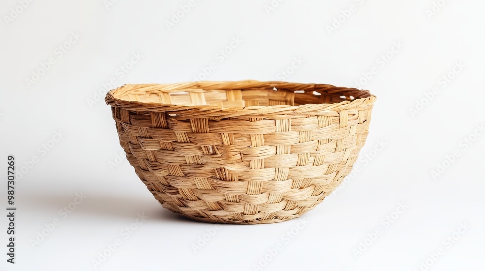 A woven wicker basket sits on a plain white background. A woven wicker basket sits on a plain white background.
