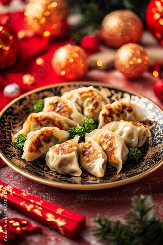 Chinese vegetable dumplings (Shu Cai Jiao Zi) on a plate, surrounded by festive red and gold New Year decorations. Ideal for promoting traditional meals and holiday-themed events. 