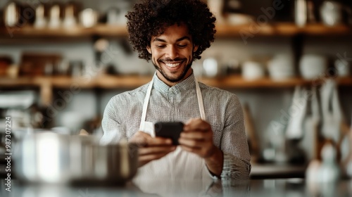 A cheerful chef with a wide smile checks his mobile phone in a cozy kitchen setting, evoking creativity, comfort, and connection in culinary environments. photo