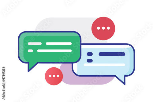 Illustration of chat bubbles with green and blue speech icons, featuring red ellipsis symbols, representing online communication and messaging.
