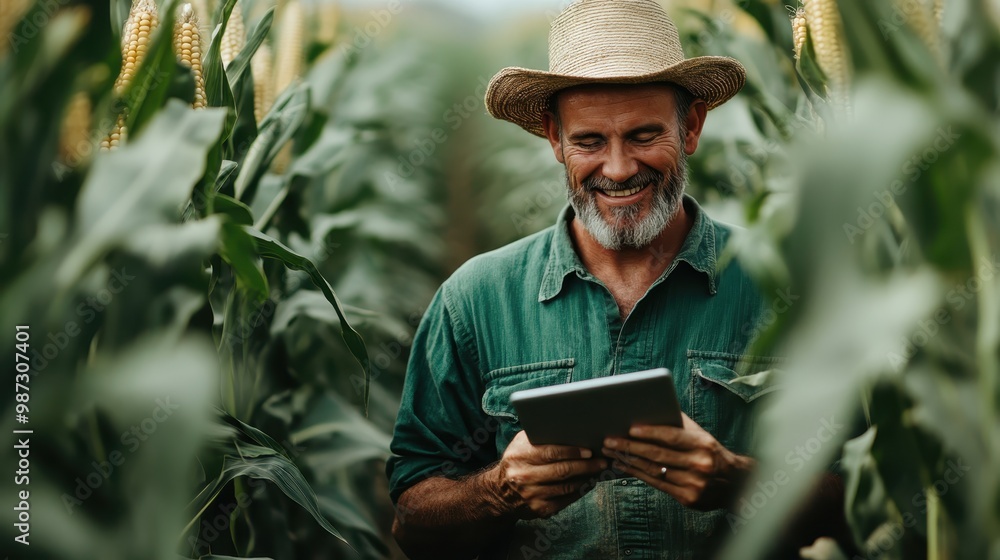 A content farmer in a broad-brimmed hat smiles while using a tablet amidst tall green corn, combining agriculture with modern technology effortlessly and effectively. A content farmer in a broad-brimmed hat smiles while using a tablet amidst tall green corn, combining agriculture with modern technology effortlessly and effectively.