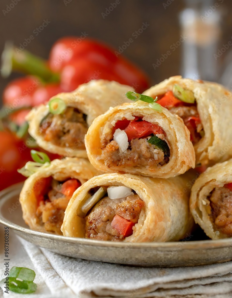 Savoury Appetizer Rolls Stuffed with Ground Meat, Bell Peppers, Tomatoes, and Onions
Savoury Appetizer Rolls Stuffed with Ground Meat, Bell Peppers, Tomatoes, and Onions