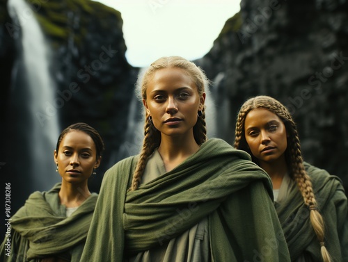 Two women in stylish jackets outdoors in rural area