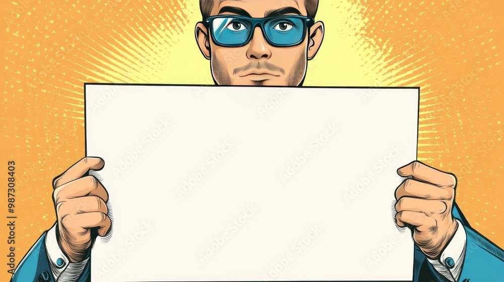 Businessman shows blank paper poster. Pop art retro vector illustration. Copy space background Businessman shows blank paper poster. Pop art retro vector illustration. Copy space background
