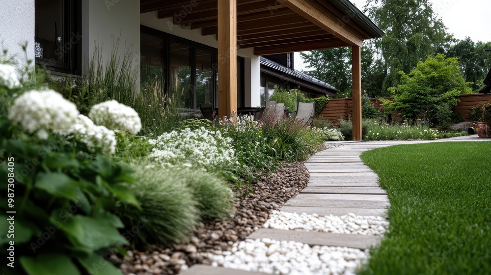 A scenic pathway with wooden steps and lush floral borders, lined with various white and green plants, leading to a cozy and inviting outdoor space. A scenic pathway with wooden steps and lush floral borders, lined with various white and green plants, leading to a cozy and inviting outdoor space.