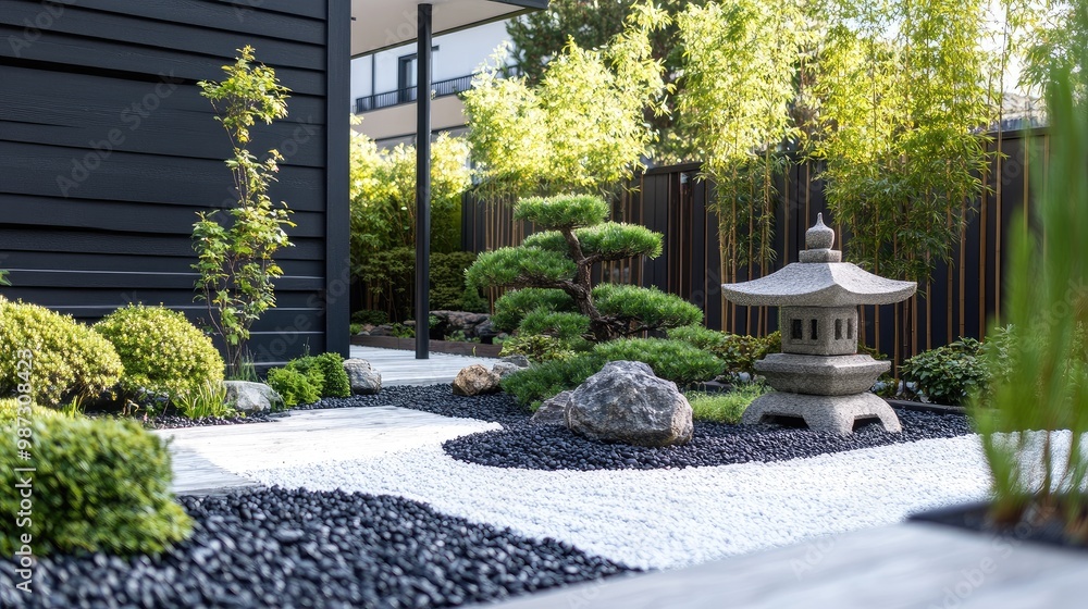 A modern Japanese garden with black pebbles, white gravel, bonsai trees, and a traditional stone lantern, no people, no logo. A modern Japanese garden with black pebbles, white gravel, bonsai trees, and a traditional stone lantern, no people, no logo.