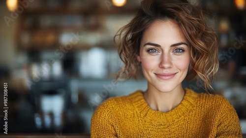 Wallpaper Mural A young woman with a confident smile, dressed in a yellow sweater, is sitting inside a cozy and modern cafe, surrounded by softly lit, blurred backgrounds. Torontodigital.ca