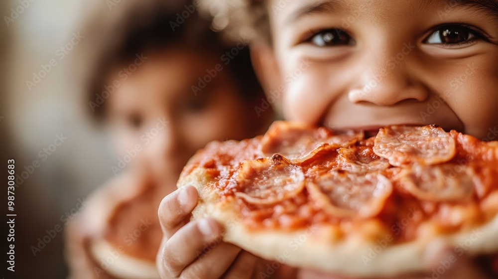 Close-up of a child happily devouring a slice of pizza, with a big, joyful smile, capturing the essence of joy and satisfaction in an everyday moment. Close-up of a child happily devouring a slice of pizza, with a big, joyful smile, capturing the essence of joy and satisfaction in an everyday moment.