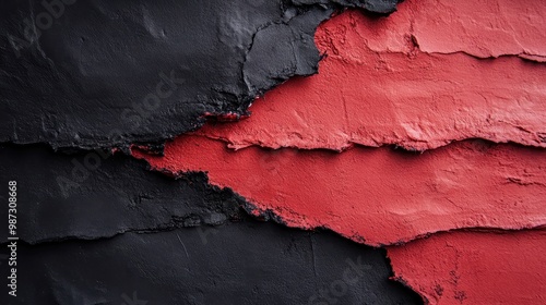 Bold and rough texture of red and black paint juxtaposed together to create a striking, high contrast piece with deep and impactful visual elements. photo