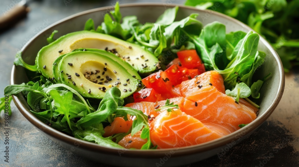 A keto meal showcasing creamy avocado, salmon, and leafy greens, perfect for those following a low-carb, high-fat diet A keto meal showcasing creamy avocado, salmon, and leafy greens, perfect for those following a low-carb, high-fat diet