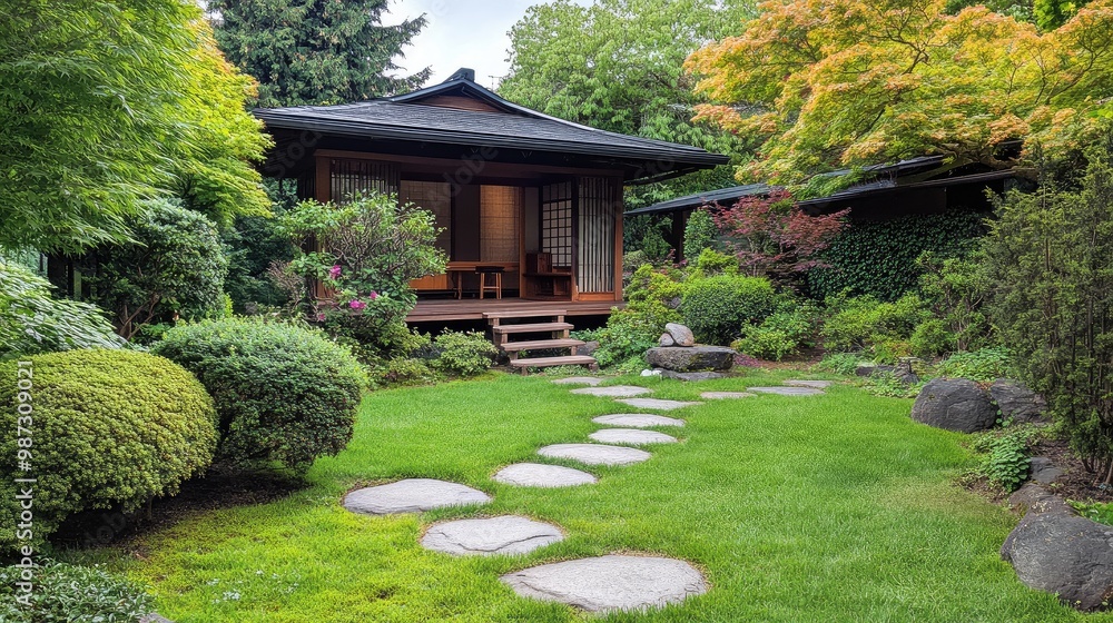 Front yard garden in Japanese style with a tea house, surrounded by neatly trimmed shrubs and delicate stepping stones, no people, no logo.