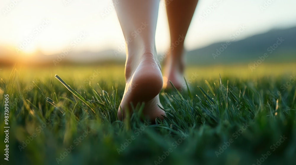 Close-up image of a person walking barefoot on soft green grass in an outdoor setting. The sunlight and grass texture emphasize the connection to nature and grounding. Close-up image of a person walking barefoot on soft green grass in an outdoor setting. The sunlight and grass texture emphasize the connection to nature and grounding.