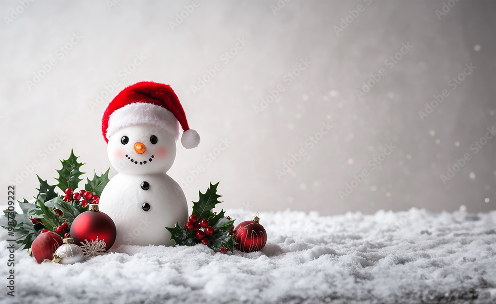Fototapeta premium Snowman in red hat, New Year ad